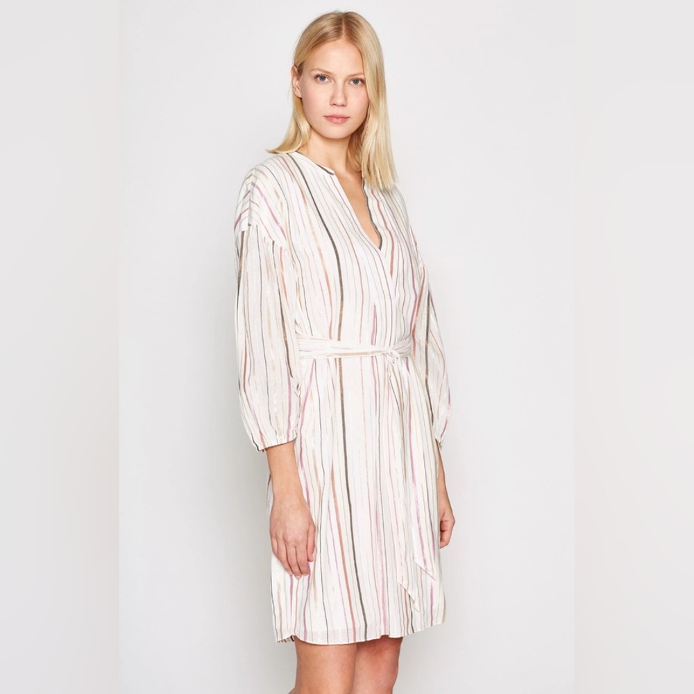 New JOIE "SEMRA" PORCELAIN METALLIC STRIPED BELTED TUNIC DRESS SIZE MED - Picture 2 of 14